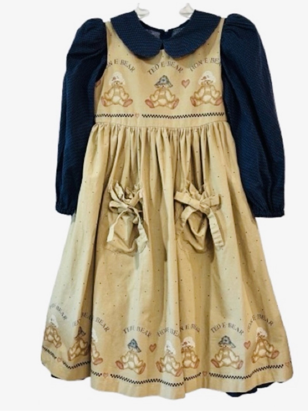 TedE.Bear Brown Pinafore Layered Over Navy Dress Handmade Three Different Looks